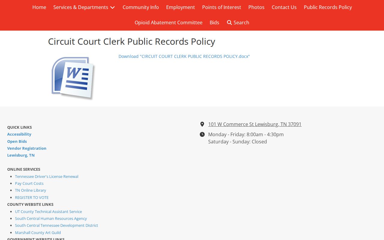 Marshall County court records request policy page